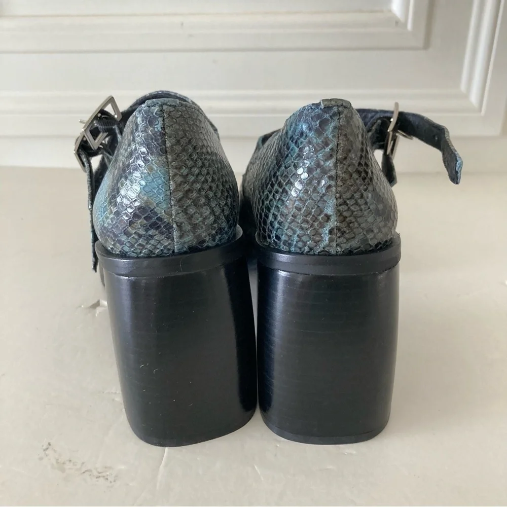 NWOT Free People Ruby Double Strap MJ Platforms Blue Snake Print Sz 38